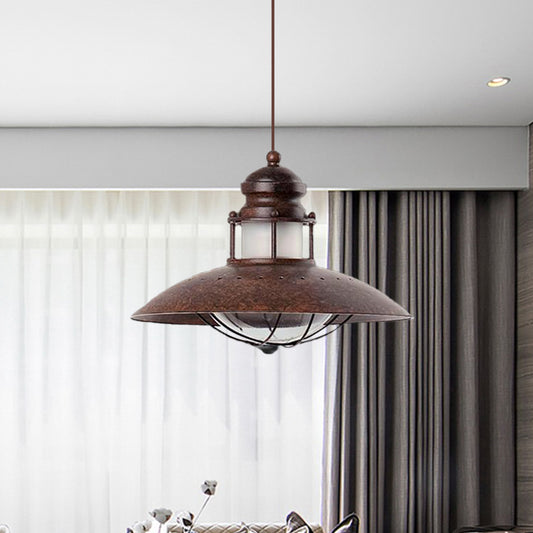 Farmhouse Flared Hanging Light Fixture 1 Bulb Iron LED Ceiling Pendant Lamp in Rust Rust Clearhalo 'Art Deco Pendants' 'Cast Iron' 'Ceiling Lights' 'Ceramic' 'Crystal' 'Industrial Pendants' 'Industrial' 'Metal' 'Middle Century Pendants' 'Pendant Lights' 'Pendants' 'Tiffany' Lighting' 607565