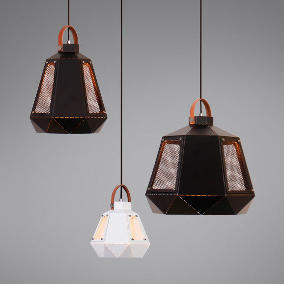 8"/10"/14" Width Geometric Dining Room Hanging Light Industrial Loft Metal 1 Head White/Black Pendant Lamp with Leather Strap Clearhalo 'Ceiling Lights' 'Modern Pendants' 'Modern' 'Pendant Lights' 'Pendants' Lighting' 60772