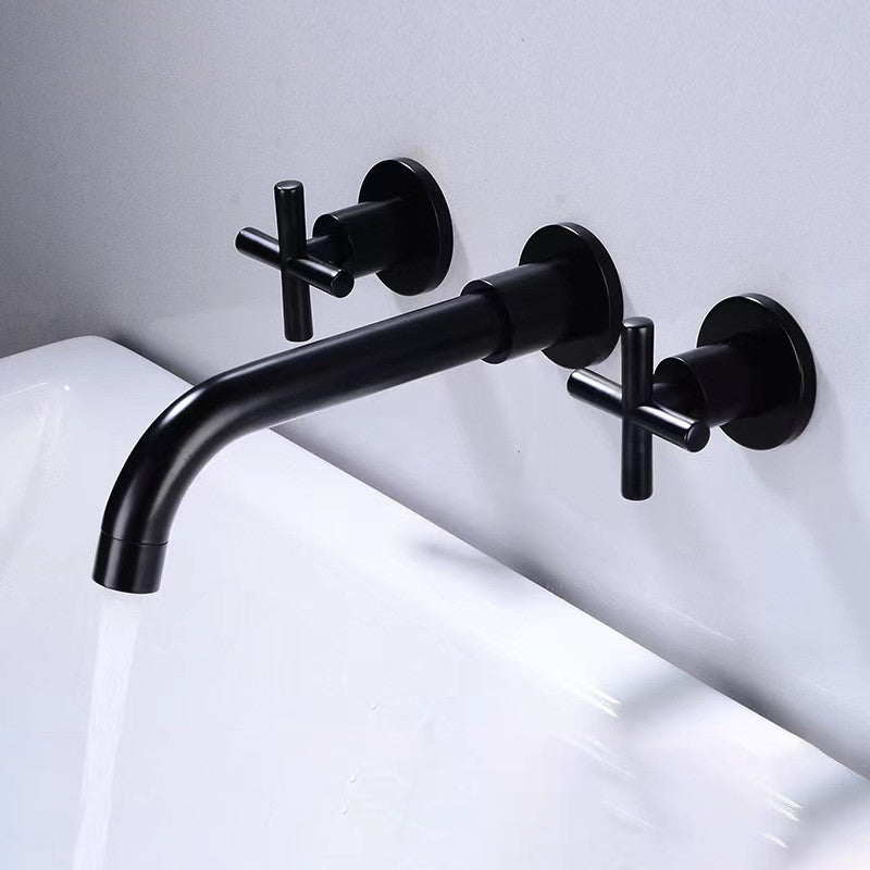 Modern 1 or 2-Handle Bathroom Sink Faucet Circular Wall Mounted Bathroom Faucet. Black 2 Handles Clearhalo 'Bathroom Remodel & Bathroom Fixtures' 'Bathroom Sink Faucets' 'Bathroom Sinks & Faucet Components' 'bathroom_sink_faucets' 'Home Improvement' 'home_improvement' 'home_improvement_bathroom_sink_faucets' 6077801