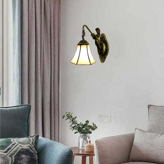 Flared Wall Light Fixture Tiffany Blue/Beige Glass 1 Head Antique Bronze Sconce Lighting Beige Clearhalo 'Industrial' 'Middle century wall lights' 'Tiffany wall lights' 'Tiffany' 'Wall Lamps & Sconces' 'Wall Lights' Lighting' 60879