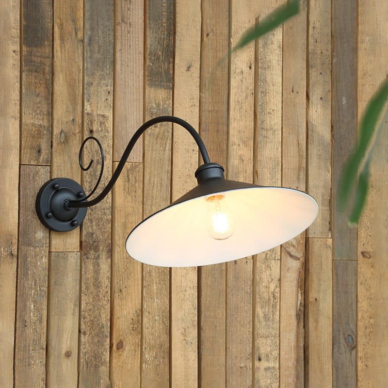 Antiqued Flared Wall Light Fixture 1-Light Metal Sconce Lamp in Black/Black and White with Curved Arm for Outdoor Clearhalo 'Art deco wall lights' 'Cast Iron' 'Glass' 'Industrial wall lights' 'Industrial' 'Middle century wall lights' 'Modern' 'Rustic wall lights' 'Tiffany' 'Traditional wall lights' 'Wall Lamps & Sconces' 'Wall Lights' Lighting' 612098