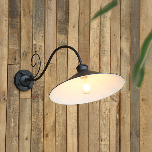 Antiqued Flared Wall Light Fixture 1-Light Metal Sconce Lamp in Black/Black and White with Curved Arm for Outdoor Clearhalo 'Art deco wall lights' 'Cast Iron' 'Glass' 'Industrial wall lights' 'Industrial' 'Middle century wall lights' 'Modern' 'Rustic wall lights' 'Tiffany' 'Traditional wall lights' 'Wall Lamps & Sconces' 'Wall Lights' Lighting' 612098