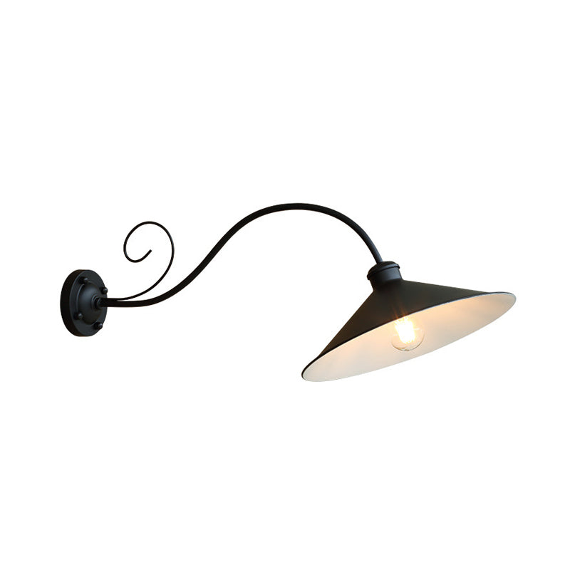 Antiqued Flared Wall Light Fixture 1-Light Metal Sconce Lamp in Black/Black and White with Curved Arm for Outdoor Clearhalo 'Art deco wall lights' 'Cast Iron' 'Glass' 'Industrial wall lights' 'Industrial' 'Middle century wall lights' 'Modern' 'Rustic wall lights' 'Tiffany' 'Traditional wall lights' 'Wall Lamps & Sconces' 'Wall Lights' Lighting' 612100