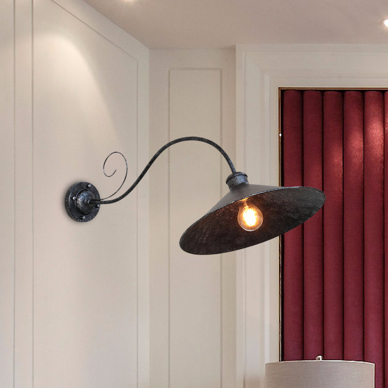 Antiqued Flared Wall Light Fixture 1-Light Metal Sconce Lamp in Black/Black and White with Curved Arm for Outdoor Clearhalo 'Art deco wall lights' 'Cast Iron' 'Glass' 'Industrial wall lights' 'Industrial' 'Middle century wall lights' 'Modern' 'Rustic wall lights' 'Tiffany' 'Traditional wall lights' 'Wall Lamps & Sconces' 'Wall Lights' Lighting' 612103