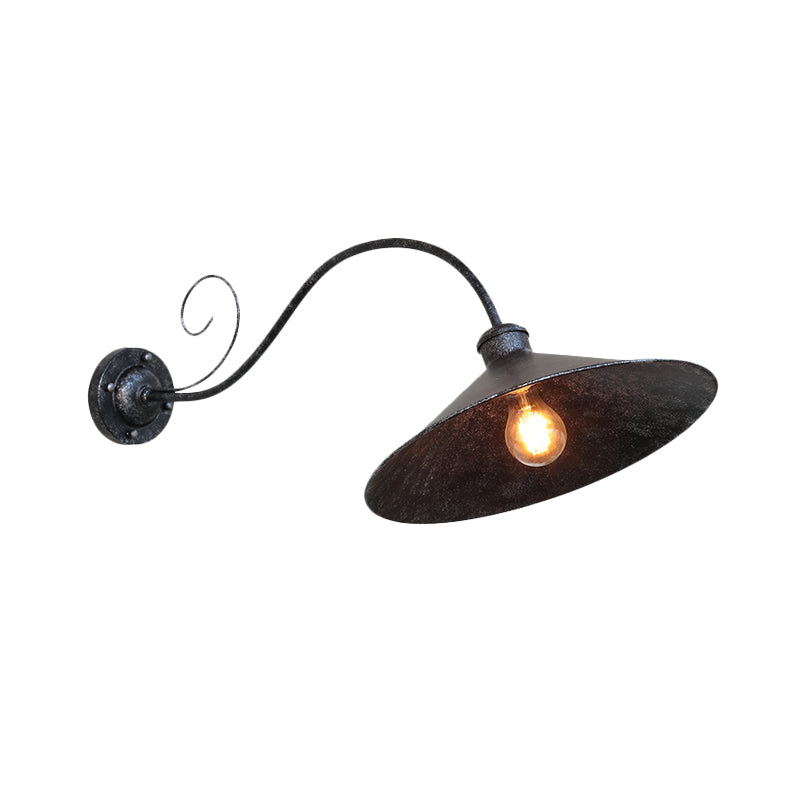 Antiqued Flared Wall Light Fixture 1-Light Metal Sconce Lamp in Black/Black and White with Curved Arm for Outdoor Clearhalo 'Art deco wall lights' 'Cast Iron' 'Glass' 'Industrial wall lights' 'Industrial' 'Middle century wall lights' 'Modern' 'Rustic wall lights' 'Tiffany' 'Traditional wall lights' 'Wall Lamps & Sconces' 'Wall Lights' Lighting' 612104