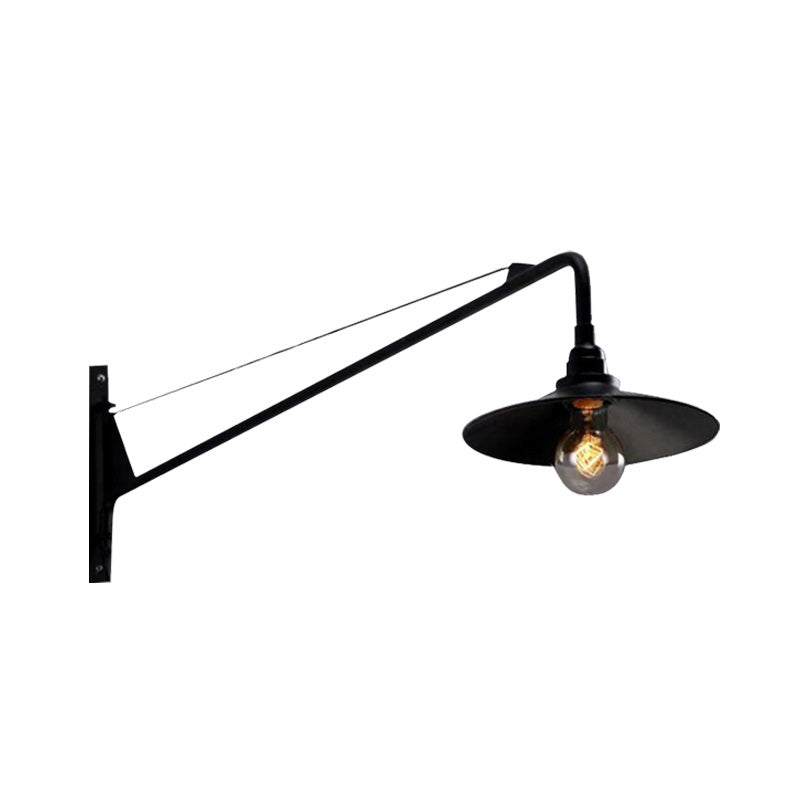 Metallic Wide Flared Wall Lighting Antiqued 1 Light Coffee Shop Wall Lamp in Black with Long Arm Clearhalo 'Art deco wall lights' 'Cast Iron' 'Glass' 'Industrial wall lights' 'Industrial' 'Middle century wall lights' 'Modern' 'Rustic wall lights' 'Tiffany' 'Traditional wall lights' 'Wall Lamps & Sconces' 'Wall Lights' Lighting' 612112