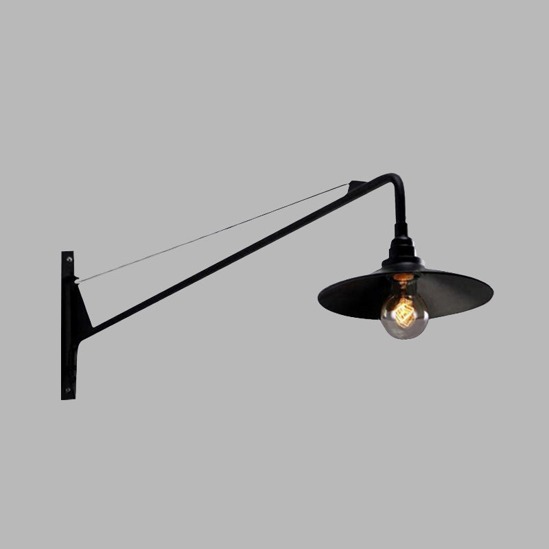 Metallic Wide Flared Wall Lighting Antiqued 1 Light Coffee Shop Wall Lamp in Black with Long Arm Clearhalo 'Art deco wall lights' 'Cast Iron' 'Glass' 'Industrial wall lights' 'Industrial' 'Middle century wall lights' 'Modern' 'Rustic wall lights' 'Tiffany' 'Traditional wall lights' 'Wall Lamps & Sconces' 'Wall Lights' Lighting' 612113