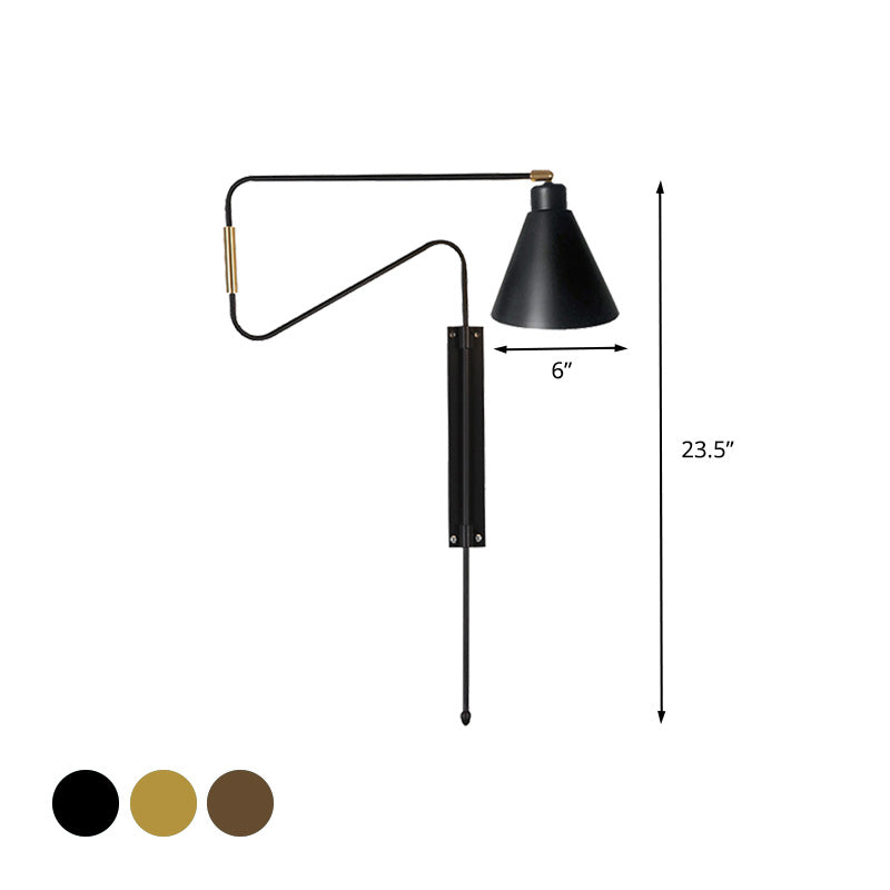 1-Bulb Wall Lighting Vintage Conical Iron Rotatable Wall Mount Sconce with Black/Gold/Coffee Backplate and Arm Clearhalo 'Art deco wall lights' 'Cast Iron' 'Glass' 'Industrial wall lights' 'Industrial' 'Middle century wall lights' 'Modern' 'Rustic wall lights' 'Tiffany' 'Traditional wall lights' 'Wall Lamps & Sconces' 'Wall Lights' Lighting' 612127