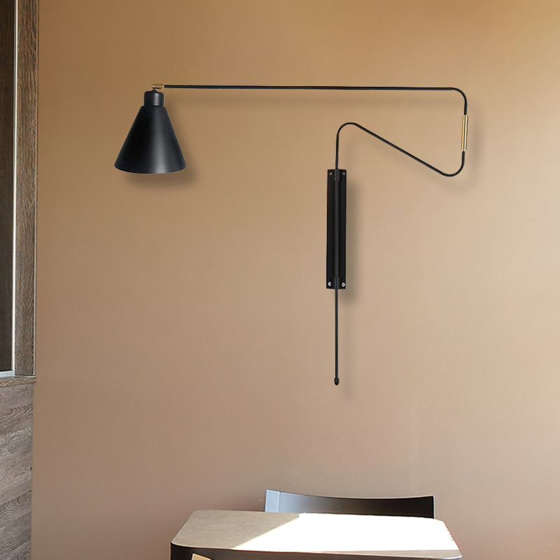 1-Light Metal Wall Lamp Antiqued Coffee/Black/Gold Finish Long Curved Arm Living Room Rotatable Wall Sconce with Cone Shade Black Clearhalo 'Cast Iron' 'Glass' 'Industrial' 'Modern wall lights' 'Modern' 'Tiffany' 'Traditional wall lights' 'Wall Lamps & Sconces' 'Wall Lights' Lighting' 612134