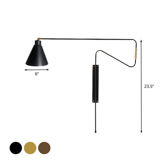 1-Light Metal Wall Lamp Antiqued Coffee/Black/Gold Finish Long Curved Arm Living Room Rotatable Wall Sconce with Cone Shade Clearhalo 'Cast Iron' 'Glass' 'Industrial' 'Modern wall lights' 'Modern' 'Tiffany' 'Traditional wall lights' 'Wall Lamps & Sconces' 'Wall Lights' Lighting' 612138