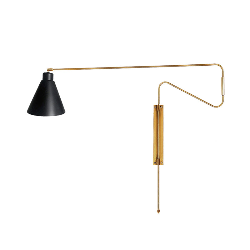 1-Light Metal Wall Lamp Antiqued Coffee/Black/Gold Finish Long Curved Arm Living Room Rotatable Wall Sconce with Cone Shade Clearhalo 'Cast Iron' 'Glass' 'Industrial' 'Modern wall lights' 'Modern' 'Tiffany' 'Traditional wall lights' 'Wall Lamps & Sconces' 'Wall Lights' Lighting' 612141