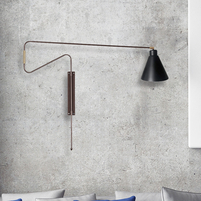 1-Light Metal Wall Lamp Antiqued Coffee/Black/Gold Finish Long Curved Arm Living Room Rotatable Wall Sconce with Cone Shade Coffee Clearhalo 'Cast Iron' 'Glass' 'Industrial' 'Modern wall lights' 'Modern' 'Tiffany' 'Traditional wall lights' 'Wall Lamps & Sconces' 'Wall Lights' Lighting' 612142