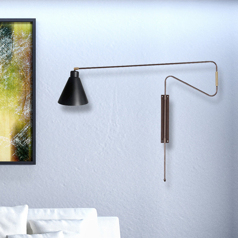 1-Light Metal Wall Lamp Antiqued Coffee/Black/Gold Finish Long Curved Arm Living Room Rotatable Wall Sconce with Cone Shade Clearhalo 'Cast Iron' 'Glass' 'Industrial' 'Modern wall lights' 'Modern' 'Tiffany' 'Traditional wall lights' 'Wall Lamps & Sconces' 'Wall Lights' Lighting' 612143