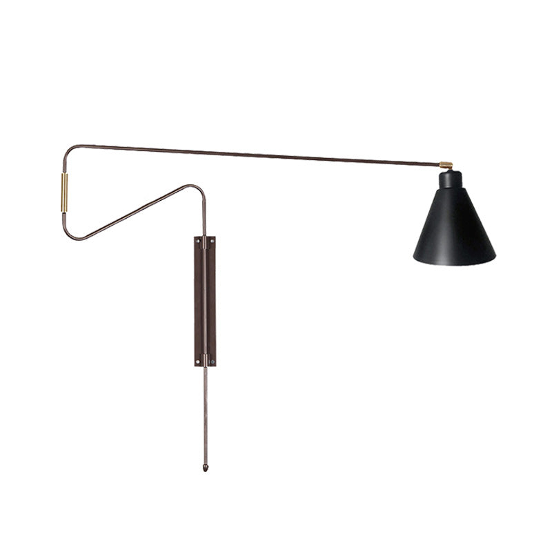 1-Light Metal Wall Lamp Antiqued Coffee/Black/Gold Finish Long Curved Arm Living Room Rotatable Wall Sconce with Cone Shade Clearhalo 'Cast Iron' 'Glass' 'Industrial' 'Modern wall lights' 'Modern' 'Tiffany' 'Traditional wall lights' 'Wall Lamps & Sconces' 'Wall Lights' Lighting' 612144