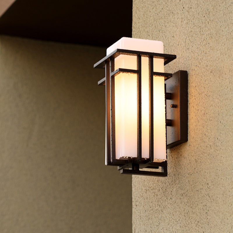 White Glass Cuboid Wall Sconce Country 1 Head Outdoor Wall Mount Light with Matte Black Metal Frame Clearhalo 'Wall Lamps & Sconces' 'Wall Lights' Lighting' 612279