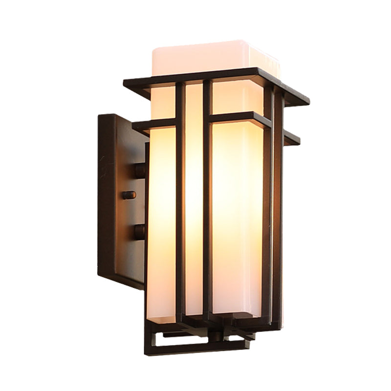 White Glass Cuboid Wall Sconce Country 1 Head Outdoor Wall Mount Light with Matte Black Metal Frame Clearhalo 'Wall Lamps & Sconces' 'Wall Lights' Lighting' 612280