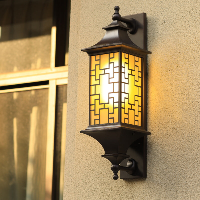 1-Light Wall Lighting Rustic Cuboid Amber Glass Wall Mount Sconce in Brown with Double Arm Clearhalo 'Wall Lamps & Sconces' 'Wall Lights' Lighting' 612284