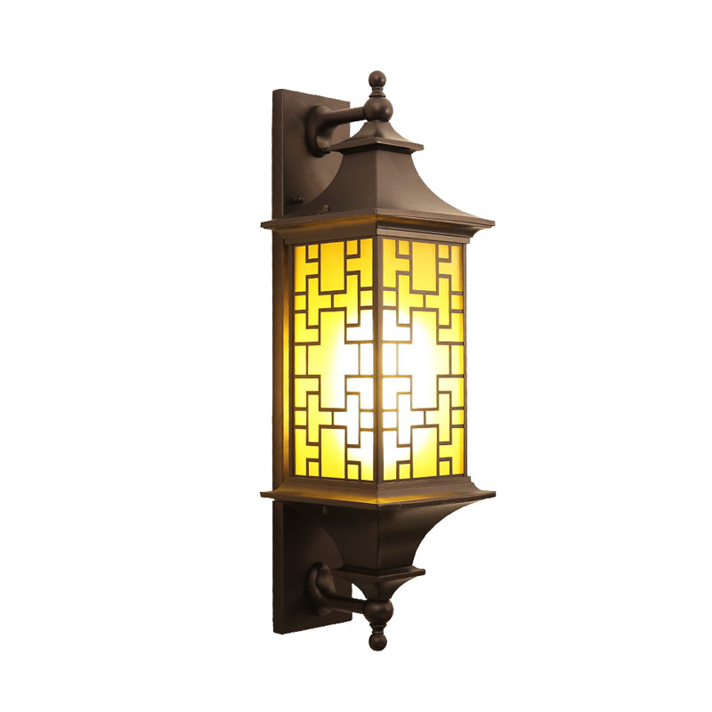 1-Light Wall Lighting Rustic Cuboid Amber Glass Wall Mount Sconce in Brown with Double Arm Clearhalo 'Wall Lamps & Sconces' 'Wall Lights' Lighting' 612285