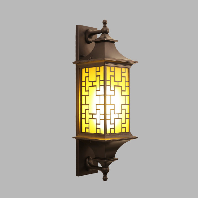 1-Light Wall Lighting Rustic Cuboid Amber Glass Wall Mount Sconce in Brown with Double Arm Clearhalo 'Wall Lamps & Sconces' 'Wall Lights' Lighting' 612286