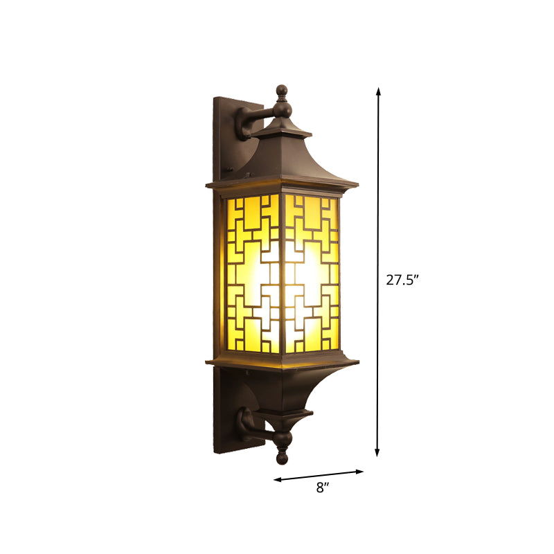 1-Light Wall Lighting Rustic Cuboid Amber Glass Wall Mount Sconce in Brown with Double Arm Clearhalo 'Wall Lamps & Sconces' 'Wall Lights' Lighting' 612287