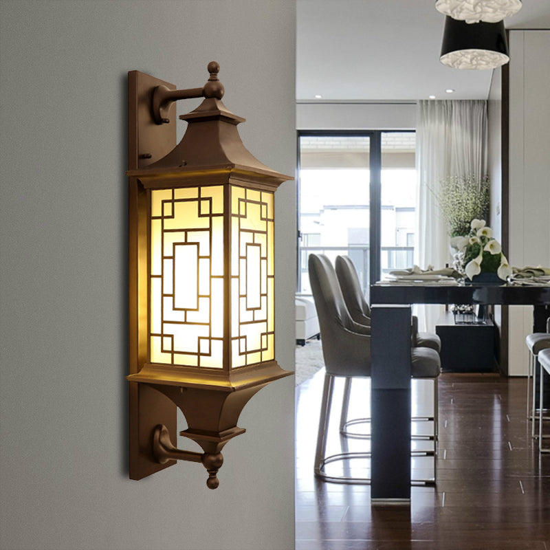 1-Light Wall Lighting Rustic Cuboid Amber Glass Wall Mount Sconce in Brown with Double Arm Brown B Clearhalo 'Wall Lamps & Sconces' 'Wall Lights' Lighting' 612288