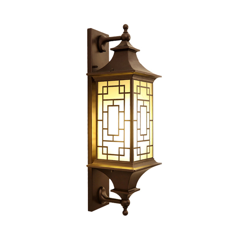 1-Light Wall Lighting Rustic Cuboid Amber Glass Wall Mount Sconce in Brown with Double Arm Clearhalo 'Wall Lamps & Sconces' 'Wall Lights' Lighting' 612290