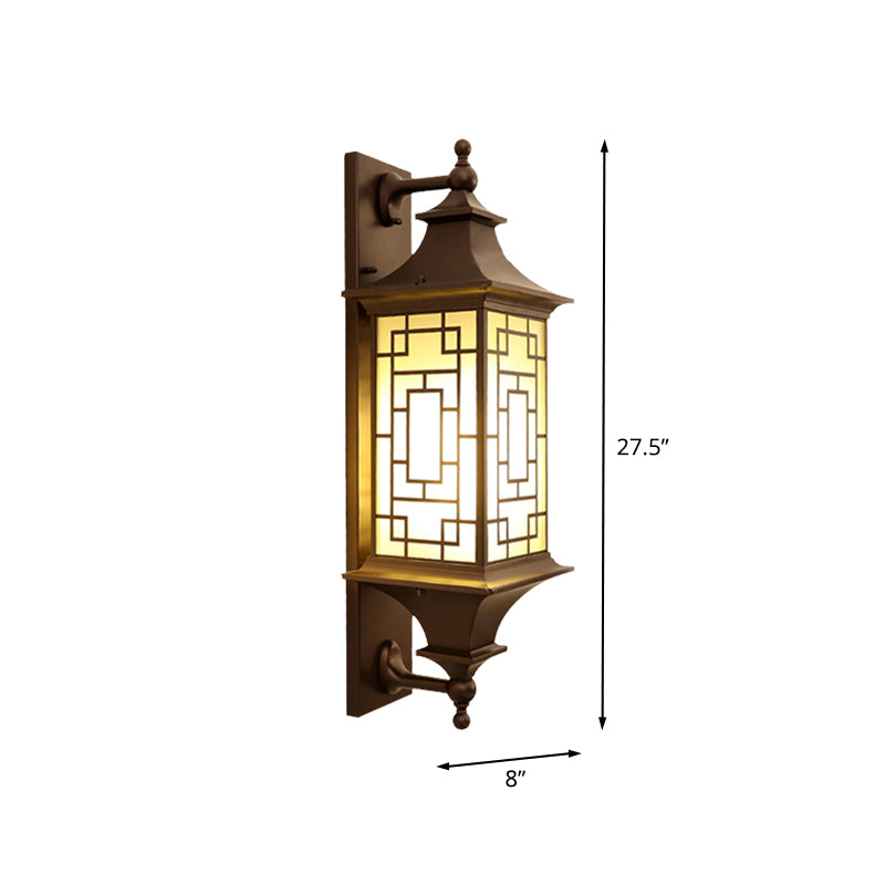 1-Light Wall Lighting Rustic Cuboid Amber Glass Wall Mount Sconce in Brown with Double Arm Clearhalo 'Wall Lamps & Sconces' 'Wall Lights' Lighting' 612291