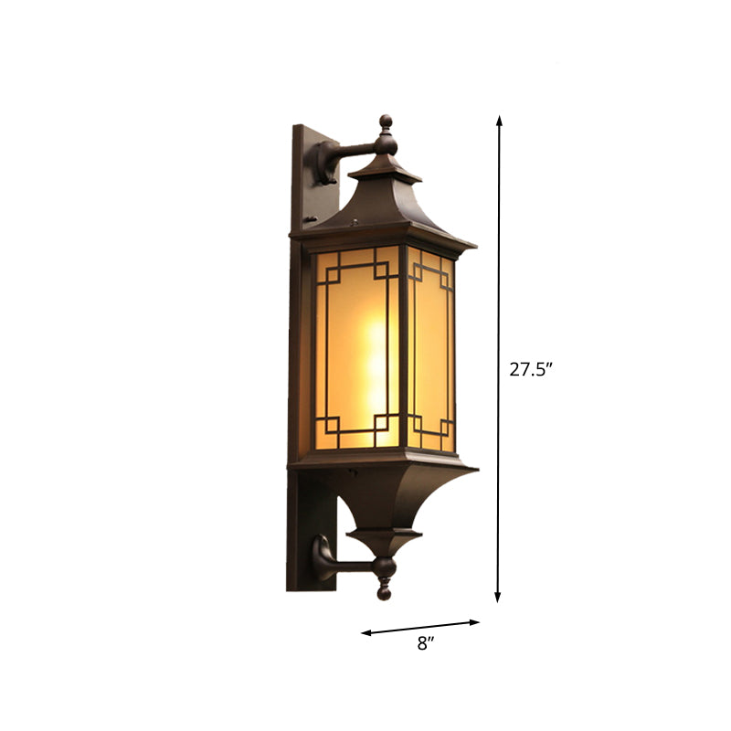 1-Light Wall Lighting Rustic Cuboid Amber Glass Wall Mount Sconce in Brown with Double Arm Clearhalo 'Wall Lamps & Sconces' 'Wall Lights' Lighting' 612295