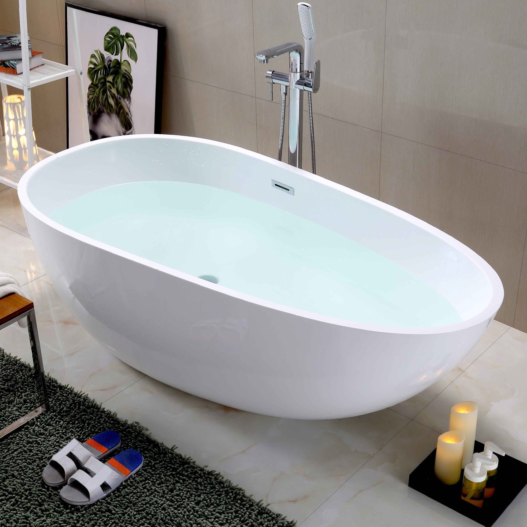 White Acrylic Oval Bathtub Freestanding Soaking Bath Tub with Center Drain Clearhalo 'Bathroom Remodel & Bathroom Fixtures' 'Bathtubs' 'Home Improvement' 'home_improvement' 'home_improvement_bathtubs' 'Showers & Bathtubs' 6124153