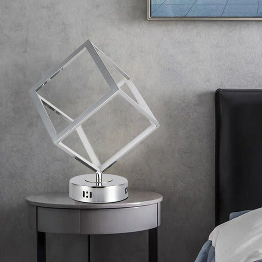 Cubic Frame Table Lighting Minimalist Metal LED Bedside Nightstand Lamp in Chrome with Round Base Chrome Clearhalo 'Lamps' 'Table Lamps' Lighting' 612600