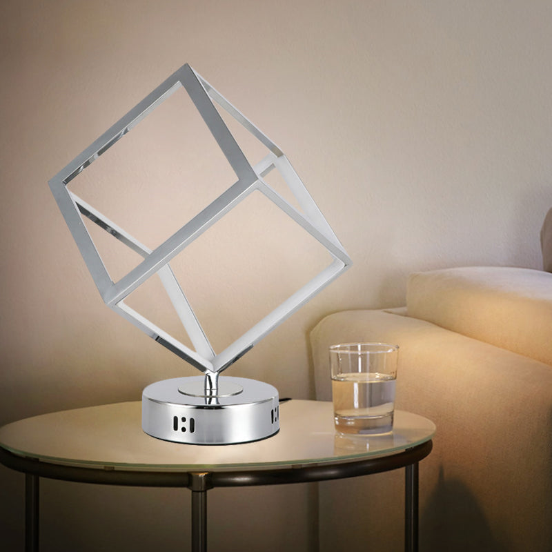 Cubic Frame Table Lighting Minimalist Metal LED Bedside Nightstand Lamp in Chrome with Round Base Clearhalo 'Lamps' 'Table Lamps' Lighting' 612601