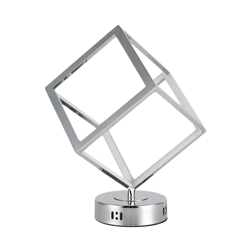 Cubic Frame Table Lighting Minimalist Metal LED Bedside Nightstand Lamp in Chrome with Round Base Clearhalo 'Lamps' 'Table Lamps' Lighting' 612602