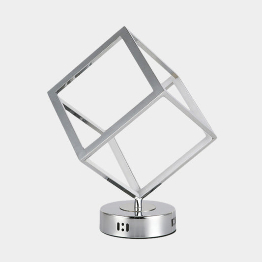 Cubic Frame Table Lighting Minimalist Metal LED Bedside Nightstand Lamp in Chrome with Round Base Clearhalo 'Lamps' 'Table Lamps' Lighting' 612603