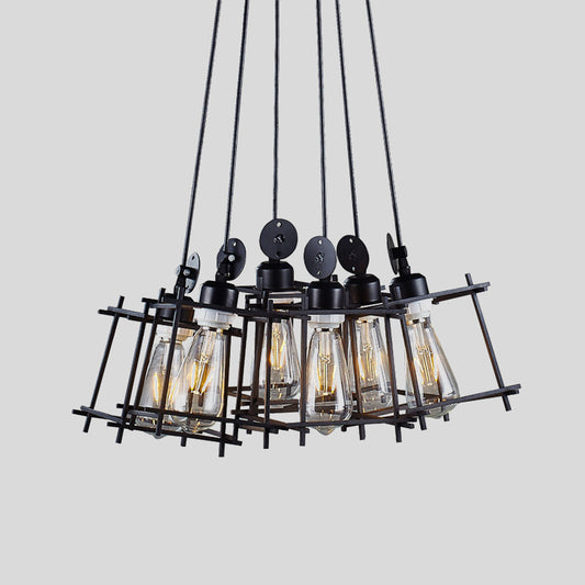 Black Cluster Pendant Light with Cage Shade Retro Metallic 6 Lights Farmhouse Ceiling Fixture Clearhalo 'Art Deco Pendants' 'Black' 'Cast Iron' 'Ceiling Lights' 'Ceramic' 'Crystal' 'Industrial Pendants' 'Industrial' 'Metal' 'Middle Century Pendants' 'Pendant Lights' 'Pendants' 'Rustic Pendants' 'Tiffany' Lighting' 612642