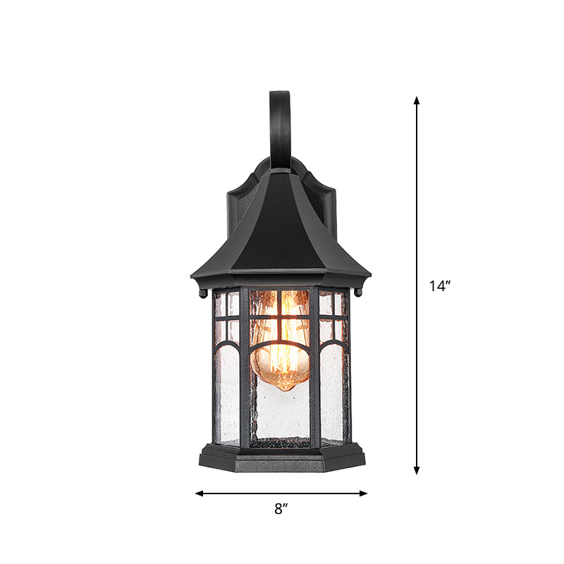 Seedy Glass Black Sconce Light Lantern 1-Light Rustic Wall Lamp Fixture for Porch Garden Clearhalo 'Art deco wall lights' 'Cast Iron' 'Glass' 'Industrial wall lights' 'Industrial' 'Middle century wall lights' 'Modern' 'Rustic wall lights' 'Tiffany' 'Traditional wall lights' 'Wall Lamps & Sconces' 'Wall Lights' Lighting' 612663