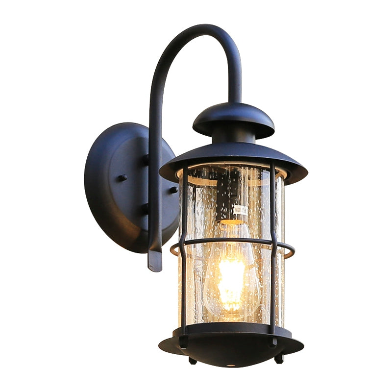 Seeded Glass Black Wall Sconce Lighting Cylinder 1-Light Traditional Light Fixture with Cage Clearhalo 'Wall Lamps & Sconces' 'Wall Lights' Lighting' 612687