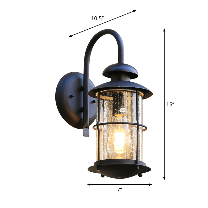 Seeded Glass Black Wall Sconce Lighting Cylinder 1-Light Traditional Light Fixture with Cage Clearhalo 'Wall Lamps & Sconces' 'Wall Lights' Lighting' 612688