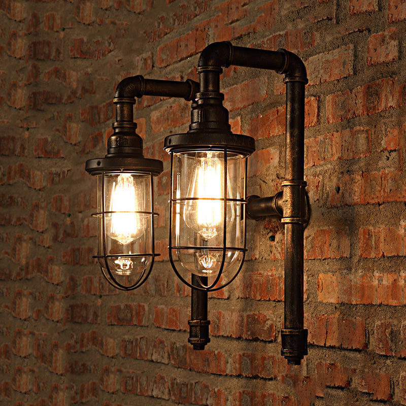 Nautical Wire Frame Sconce Light with Inner Clear Glass Shade and Valve 2 Bulbs Iron Wall Lighting in Aged Brass Antique Brass Clearhalo 'Art deco wall lights' 'Cast Iron' 'Glass' 'Industrial wall lights' 'Industrial' 'Middle century wall lights' 'Modern' 'Rustic wall lights' 'Tiffany' 'Traditional wall lights' 'Wall Lamps & Sconces' 'Wall Lights' Lighting' 612689