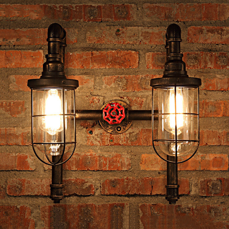 Nautical Wire Frame Sconce Light with Inner Clear Glass Shade and Valve 2 Bulbs Iron Wall Lighting in Aged Brass Clearhalo 'Art deco wall lights' 'Cast Iron' 'Glass' 'Industrial wall lights' 'Industrial' 'Middle century wall lights' 'Modern' 'Rustic wall lights' 'Tiffany' 'Traditional wall lights' 'Wall Lamps & Sconces' 'Wall Lights' Lighting' 612691