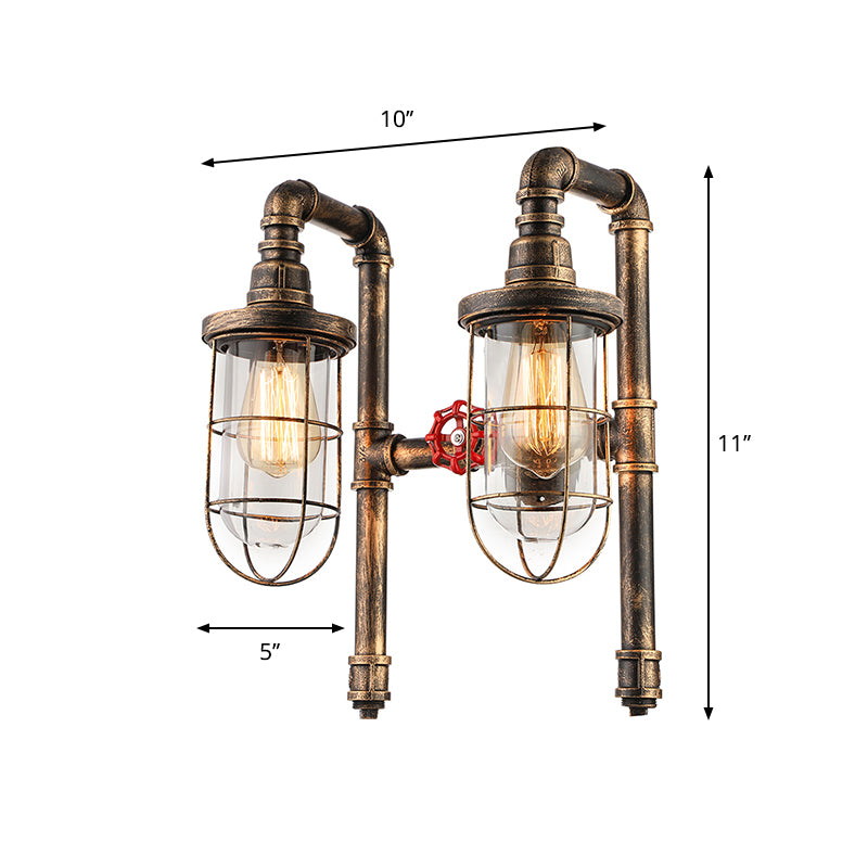 Nautical Wire Frame Sconce Light with Inner Clear Glass Shade and Valve 2 Bulbs Iron Wall Lighting in Aged Brass Clearhalo 'Art deco wall lights' 'Cast Iron' 'Glass' 'Industrial wall lights' 'Industrial' 'Middle century wall lights' 'Modern' 'Rustic wall lights' 'Tiffany' 'Traditional wall lights' 'Wall Lamps & Sconces' 'Wall Lights' Lighting' 612693