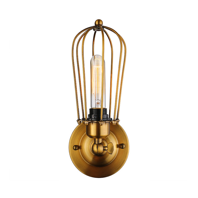 1 Head Mini Wall Sconce Light with Cage Shade Vintage Style Dark Rust/Brass Metallic Wall Lamp for Living Room Clearhalo 'Art deco wall lights' 'Cast Iron' 'Glass' 'Industrial wall lights' 'Industrial' 'Middle century wall lights' 'Modern' 'Rustic wall lights' 'Tiffany' 'Traditional wall lights' 'Wall Lamps & Sconces' 'Wall Lights' Lighting' 612737