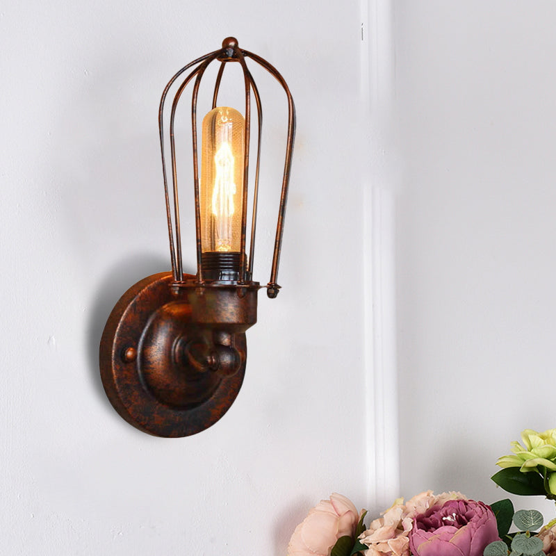 1 Head Mini Wall Sconce Light with Cage Shade Vintage Style Dark Rust/Brass Metallic Wall Lamp for Living Room Rust Clearhalo 'Art deco wall lights' 'Cast Iron' 'Glass' 'Industrial wall lights' 'Industrial' 'Middle century wall lights' 'Modern' 'Rustic wall lights' 'Tiffany' 'Traditional wall lights' 'Wall Lamps & Sconces' 'Wall Lights' Lighting' 612739