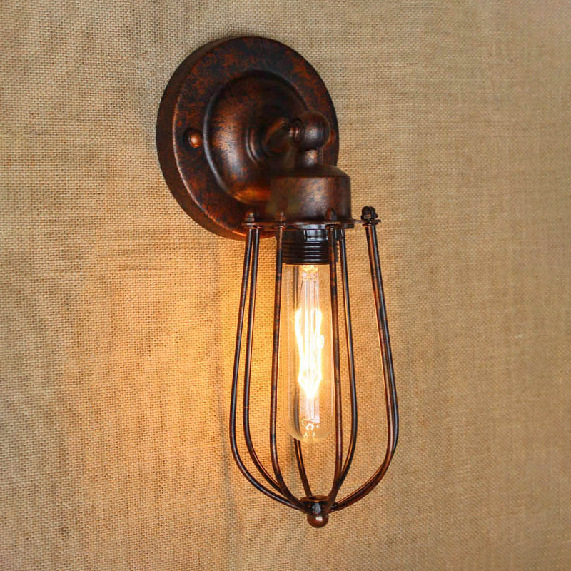 1 Head Mini Wall Sconce Light with Cage Shade Vintage Style Dark Rust/Brass Metallic Wall Lamp for Living Room Clearhalo 'Art deco wall lights' 'Cast Iron' 'Glass' 'Industrial wall lights' 'Industrial' 'Middle century wall lights' 'Modern' 'Rustic wall lights' 'Tiffany' 'Traditional wall lights' 'Wall Lamps & Sconces' 'Wall Lights' Lighting' 612740