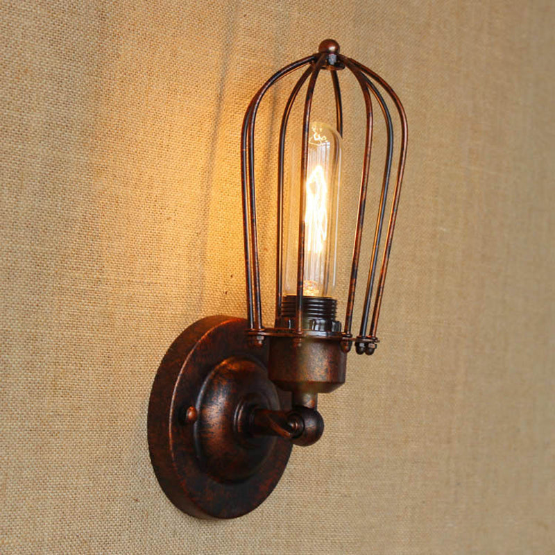 1 Head Mini Wall Sconce Light with Cage Shade Vintage Style Dark Rust/Brass Metallic Wall Lamp for Living Room Clearhalo 'Art deco wall lights' 'Cast Iron' 'Glass' 'Industrial wall lights' 'Industrial' 'Middle century wall lights' 'Modern' 'Rustic wall lights' 'Tiffany' 'Traditional wall lights' 'Wall Lamps & Sconces' 'Wall Lights' Lighting' 612741
