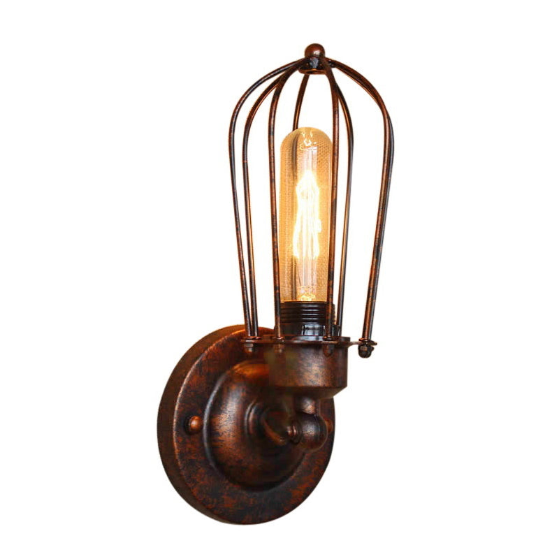 1 Head Mini Wall Sconce Light with Cage Shade Vintage Style Dark Rust/Brass Metallic Wall Lamp for Living Room Clearhalo 'Art deco wall lights' 'Cast Iron' 'Glass' 'Industrial wall lights' 'Industrial' 'Middle century wall lights' 'Modern' 'Rustic wall lights' 'Tiffany' 'Traditional wall lights' 'Wall Lamps & Sconces' 'Wall Lights' Lighting' 612742