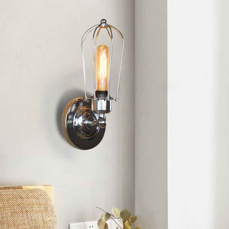 1 Head Mini Wall Sconce Light with Cage Shade Vintage Style Dark Rust/Brass Metallic Wall Lamp for Living Room Chrome Clearhalo 'Art deco wall lights' 'Cast Iron' 'Glass' 'Industrial wall lights' 'Industrial' 'Middle century wall lights' 'Modern' 'Rustic wall lights' 'Tiffany' 'Traditional wall lights' 'Wall Lamps & Sconces' 'Wall Lights' Lighting' 612743