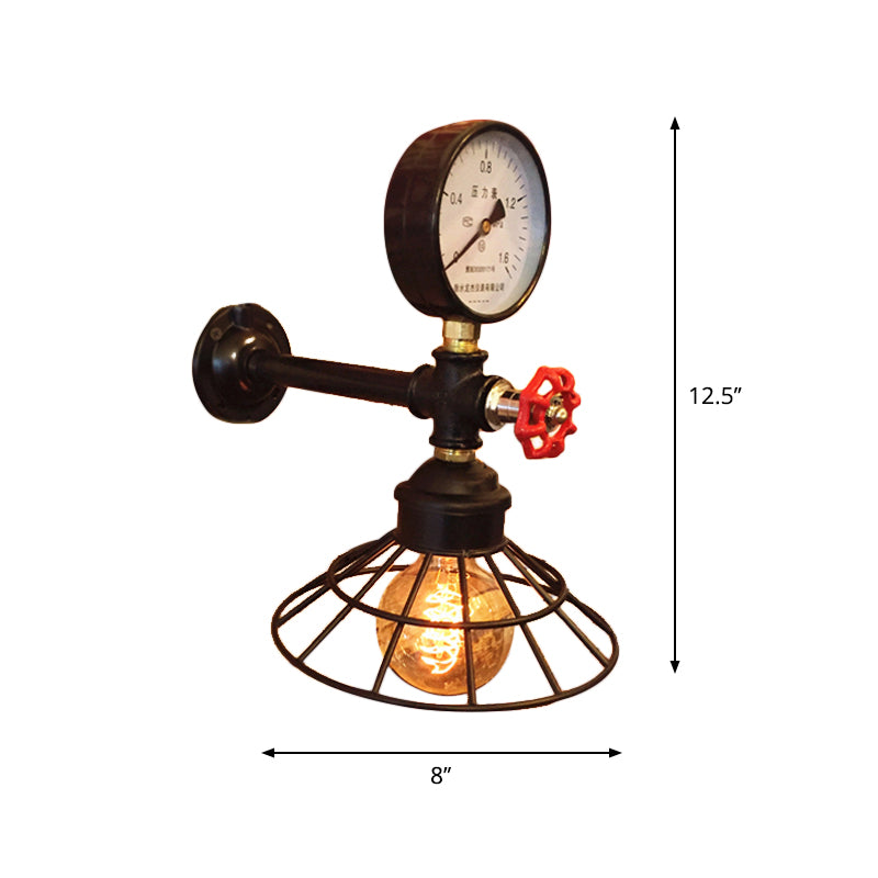 Metal Cone Caged Wall Lighting with Pressure Gauge Industrial 1 Bulb Coffee Shop Wall Sconce Light in Black Clearhalo 'Art deco wall lights' 'Cast Iron' 'Glass' 'Industrial wall lights' 'Industrial' 'Middle century wall lights' 'Modern' 'Rustic wall lights' 'Tiffany' 'Traditional wall lights' 'Wall Lamps & Sconces' 'Wall Lights' Lighting' 612843