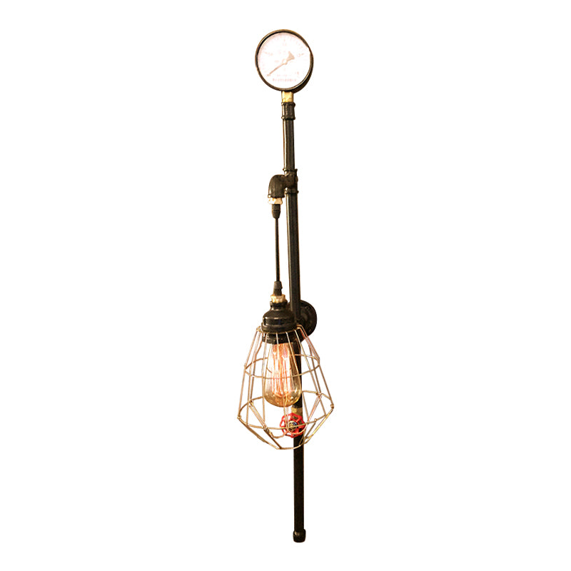 Antique Brass 1 Bulb Wall Sconce Antique Style Metal Diamond Cage Wall Light Fixture with Pressure Gauge Clearhalo 'Art deco wall lights' 'Cast Iron' 'Glass' 'Industrial wall lights' 'Industrial' 'Middle century wall lights' 'Modern' 'Rustic wall lights' 'Tiffany' 'Traditional wall lights' 'Wall Lamps & Sconces' 'Wall Lights' Lighting' 612847