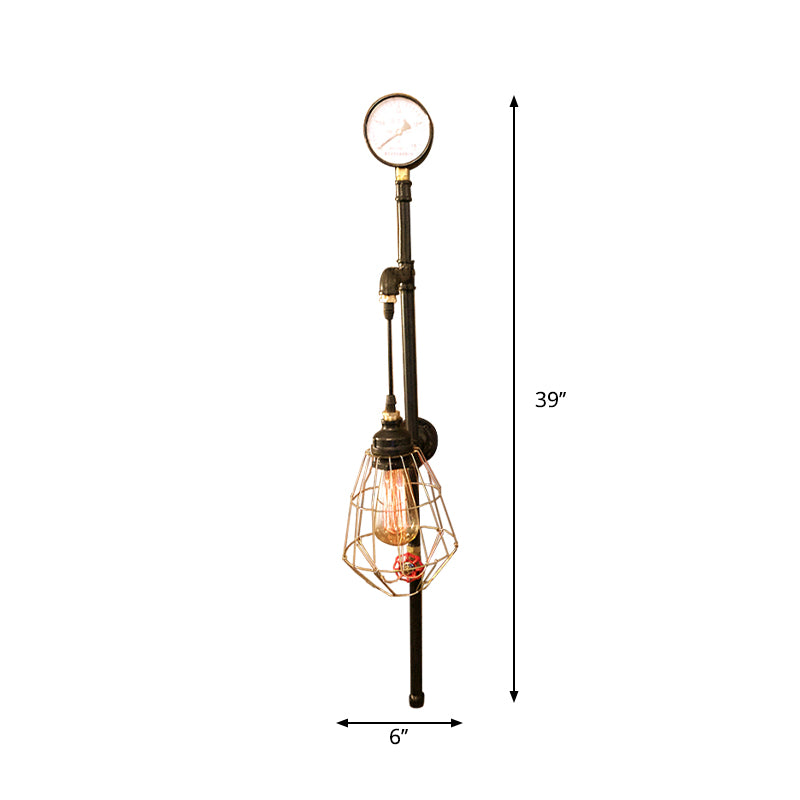 Antique Brass 1 Bulb Wall Sconce Antique Style Metal Diamond Cage Wall Light Fixture with Pressure Gauge Clearhalo 'Art deco wall lights' 'Cast Iron' 'Glass' 'Industrial wall lights' 'Industrial' 'Middle century wall lights' 'Modern' 'Rustic wall lights' 'Tiffany' 'Traditional wall lights' 'Wall Lamps & Sconces' 'Wall Lights' Lighting' 612848