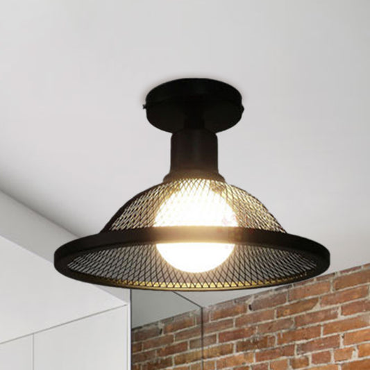 Metal Mesh Bell Shade Ceiling Light Fixture Industrial Stylish 1 Light Balcony Semi Flush Mount Light Black Clearhalo 'Ceiling Lights' 'Close To Ceiling Lights' 'Close to ceiling' 'Semi-flushmount' Lighting' 612894